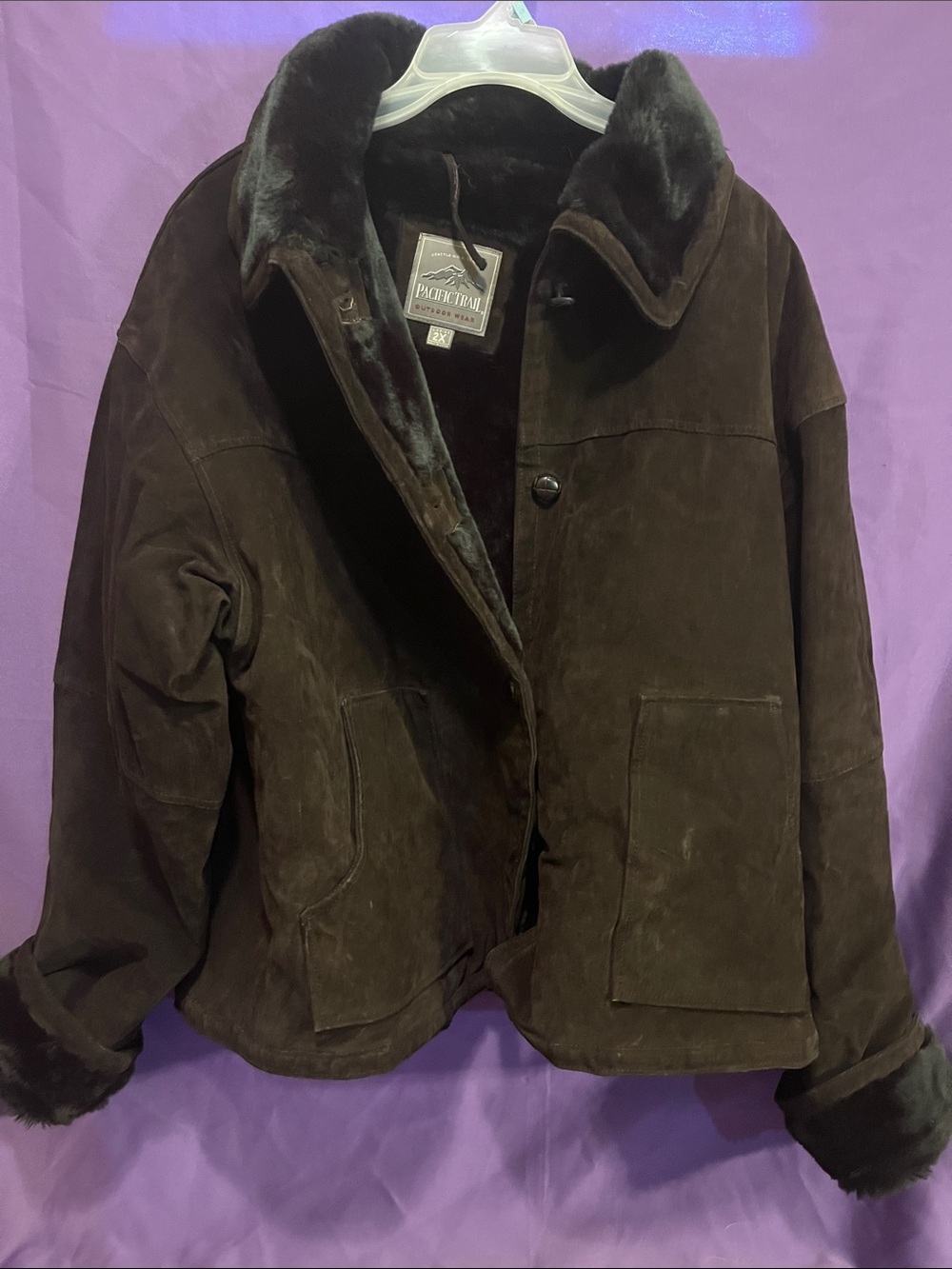 Pacific Trail Dark Brown Suede Bomber Jacket with Faux Fur Trim
